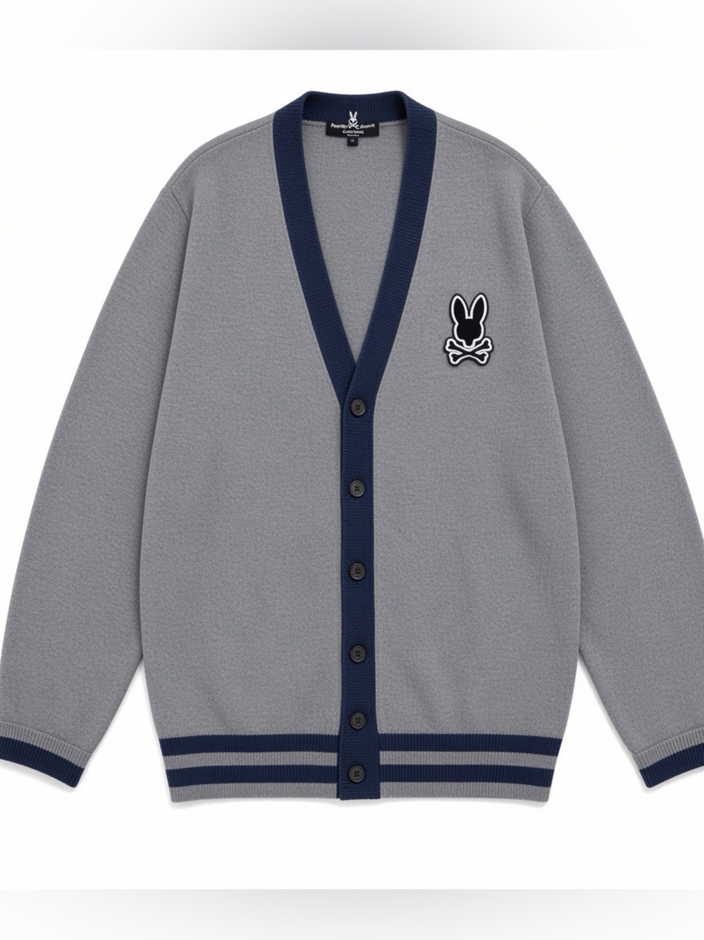 Psycho Bunny Grey Cardigan with Navy Trim and Logo